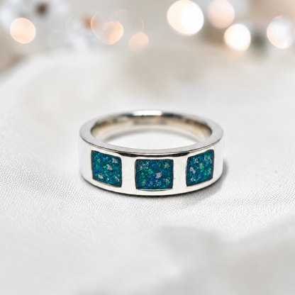 Teal Mist vigil men's sterling silver memorial ring with triple setting, handcrafted in Lancashire UK by Keepsake Memorial Jewellery