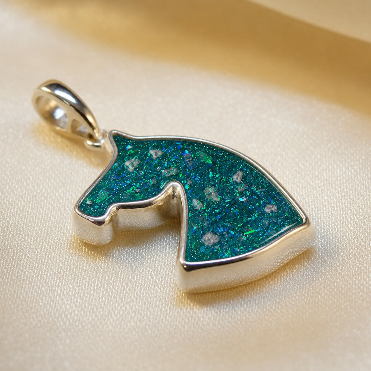 Willow horse head ashes pendant in teal mist, handcrafted in Lancashire UK - by Keepsake Memorial Jewellery