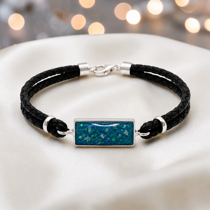 Teal mist Zenith men's sterling silver and leather memorial bracelet , handcrafted in Lancashire UK by Keepsake Memorial Jewellery