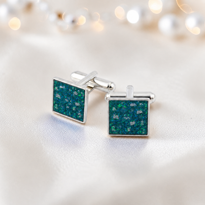 Teal mist Nexus sterling silver square memorial ashes cufflinks, handcrafted in Lancashire UK
