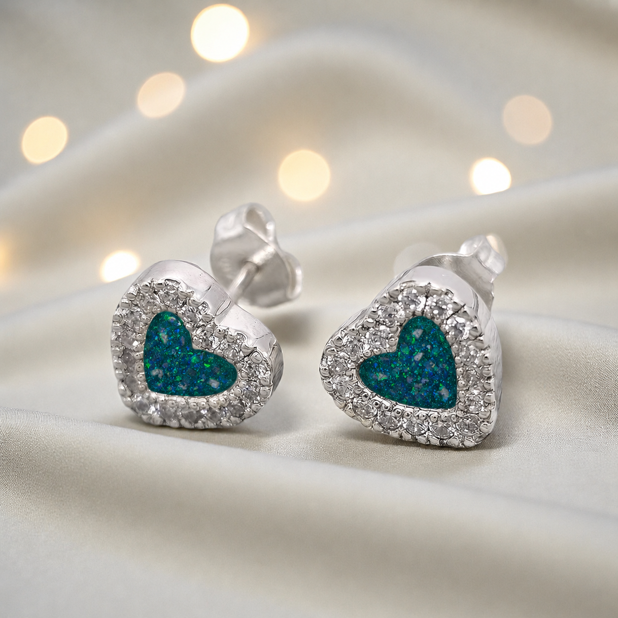 Keepsake Memorial Sterling Silver Heart Ashes Earrings Opal Dawn in Teal Mist - Handcrafted in the UK