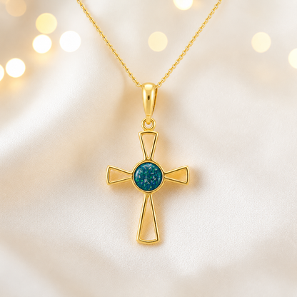 Teal mist 9ct gold memorial ashes open cross pendant, handcrafted in Lancashire UK
