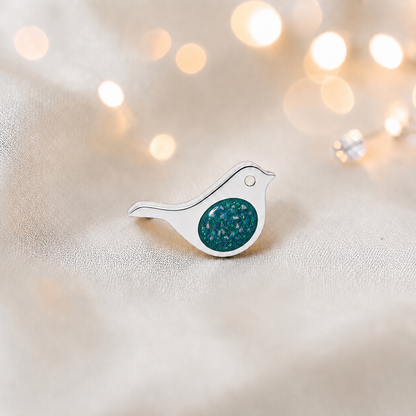 Keepsake memorial silver Robin  ashes charm, in teal mist, handcrafted in Lancashire, UK