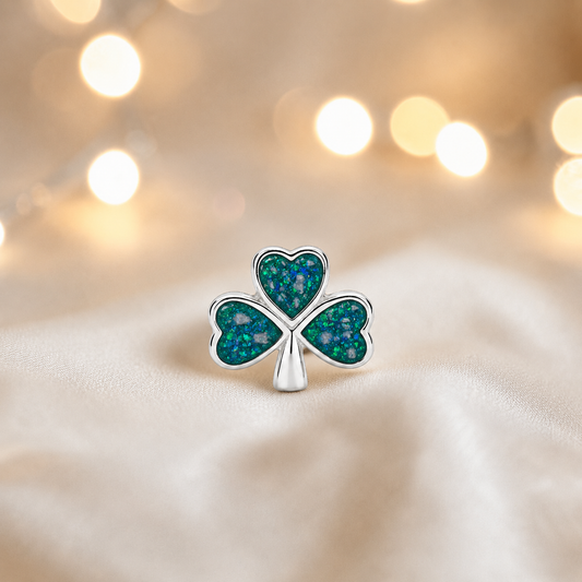 Teal mist sterling silver shamrock ashes memorial charm, handcrafted in Lancashire by keepsake memorial