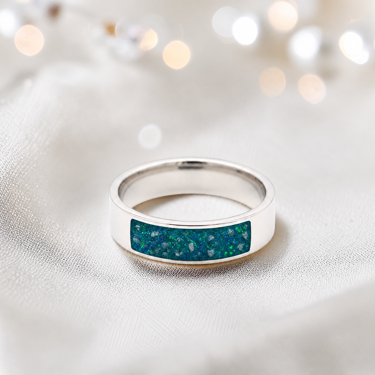 Teal mist Solace men's sterling silver ring, handcrafted in Lancashire UK by Keepsake Memorial Jewellery