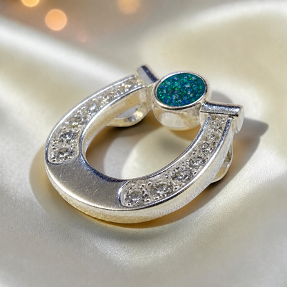Sparkle horseshoe ashes pendant in teal mist,  handcrafted in Lancashire UK - by Keepsake Memorial Jewellery