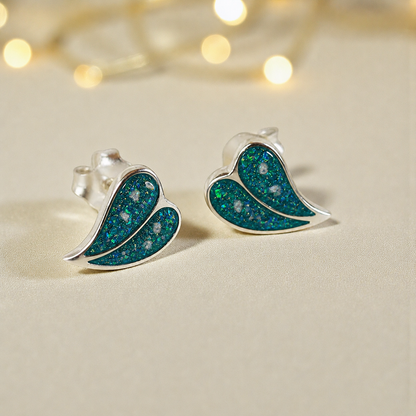 Two Hearts memorial stud earrings in Teal Mist opal — sterling silver, handcrafted in Lancashire, UK