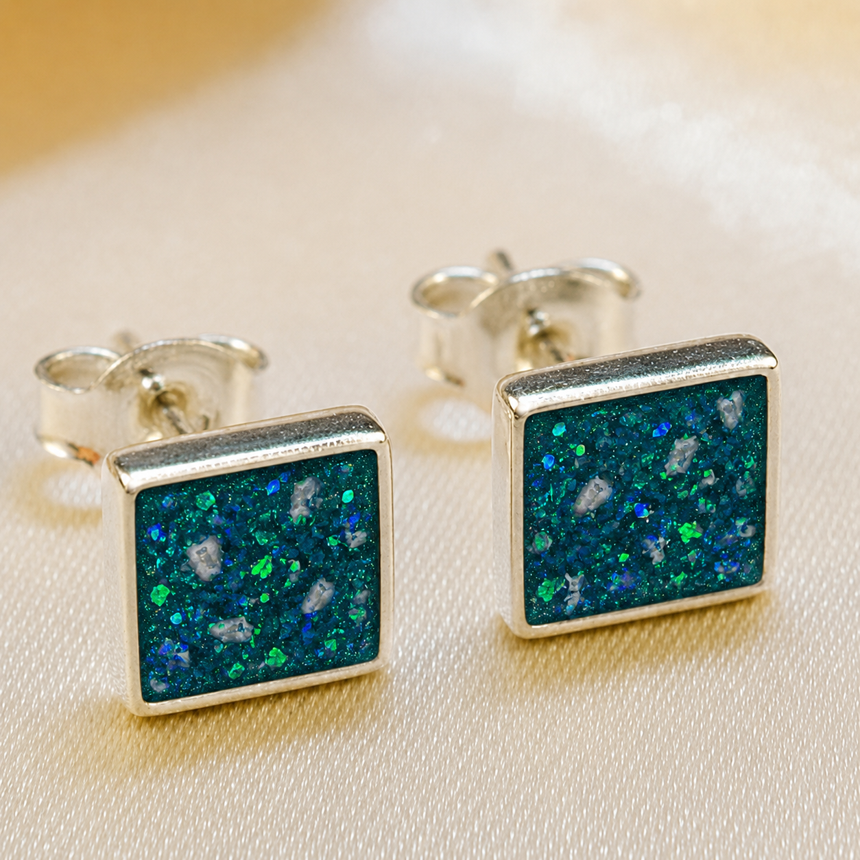 Keepsake Memorial Sterling Silver Square Stud Ashes Earrings Celeste Shine in Teal Mist - Handcrafted in the UK