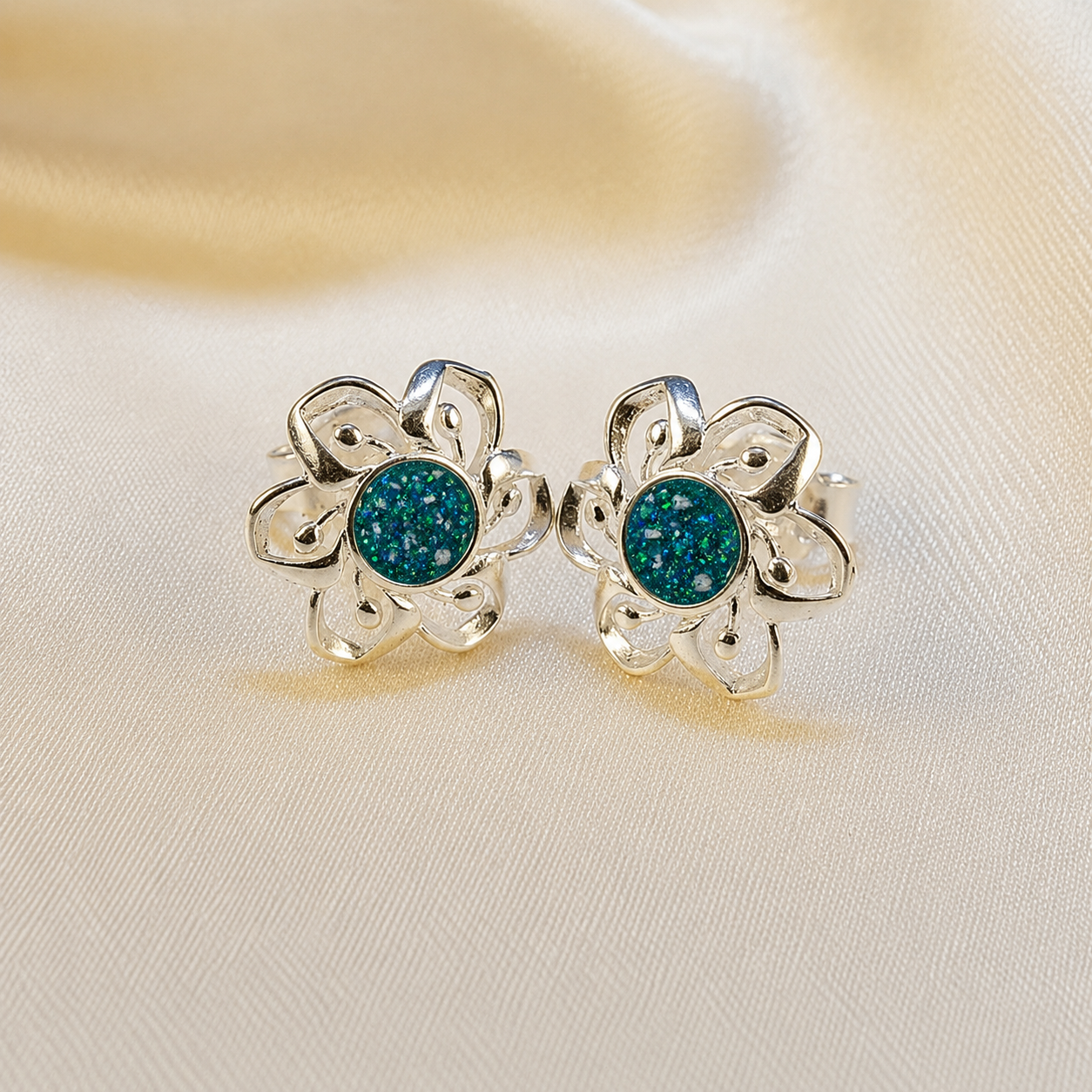 Keepsake Memorial Sterling Silver Ladies Ashes Earrings - Velour Flowers