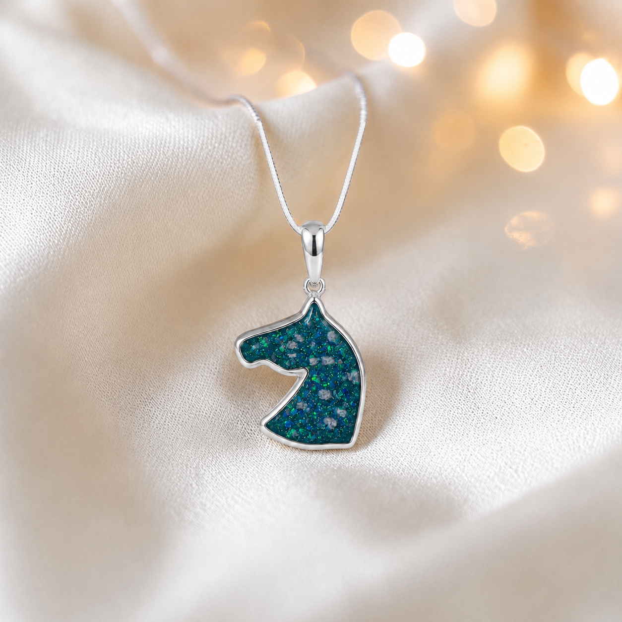 Willow horse head ashes pendant in teal mist, handcrafted in Lancashire UK - by Keepsake Memorial Jewellery