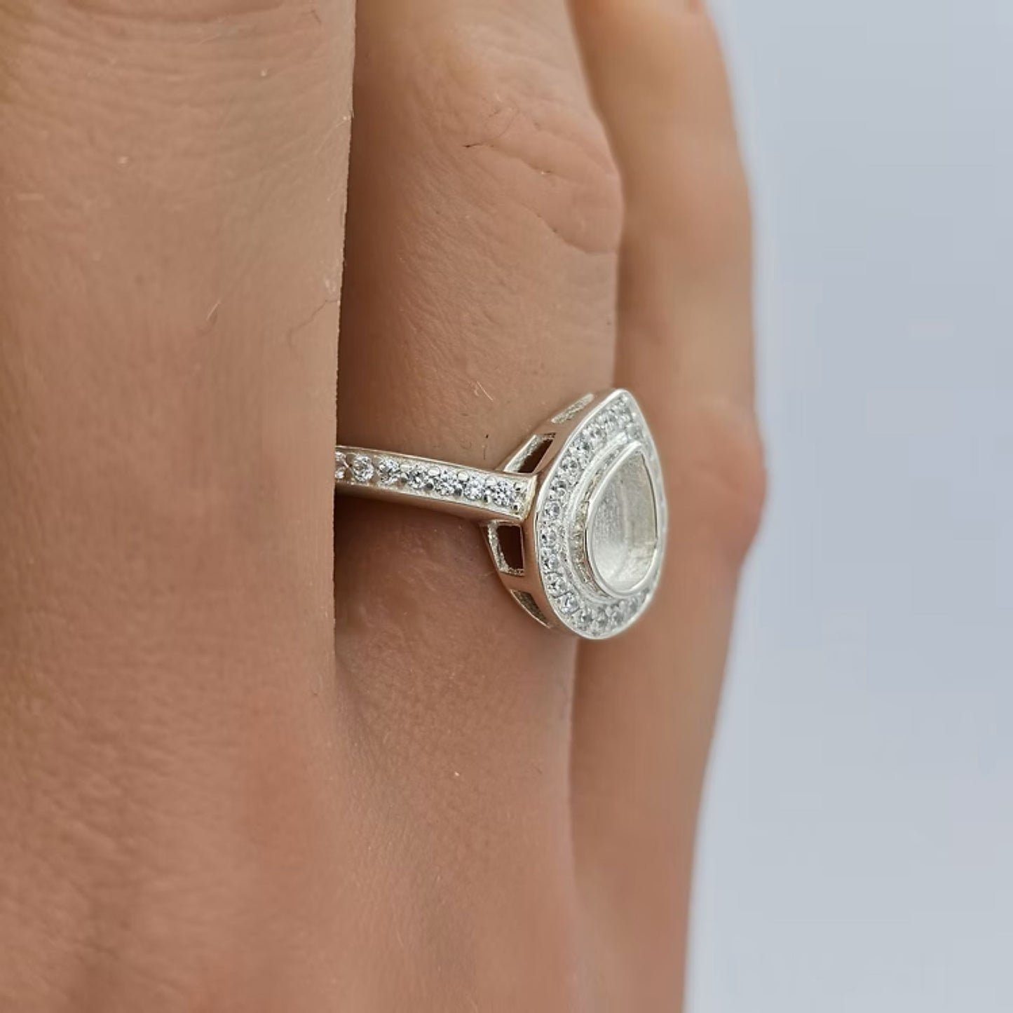 Eternal Light Ring — silver teardrop CZ ashes memorial ring, handcrafted in the UK