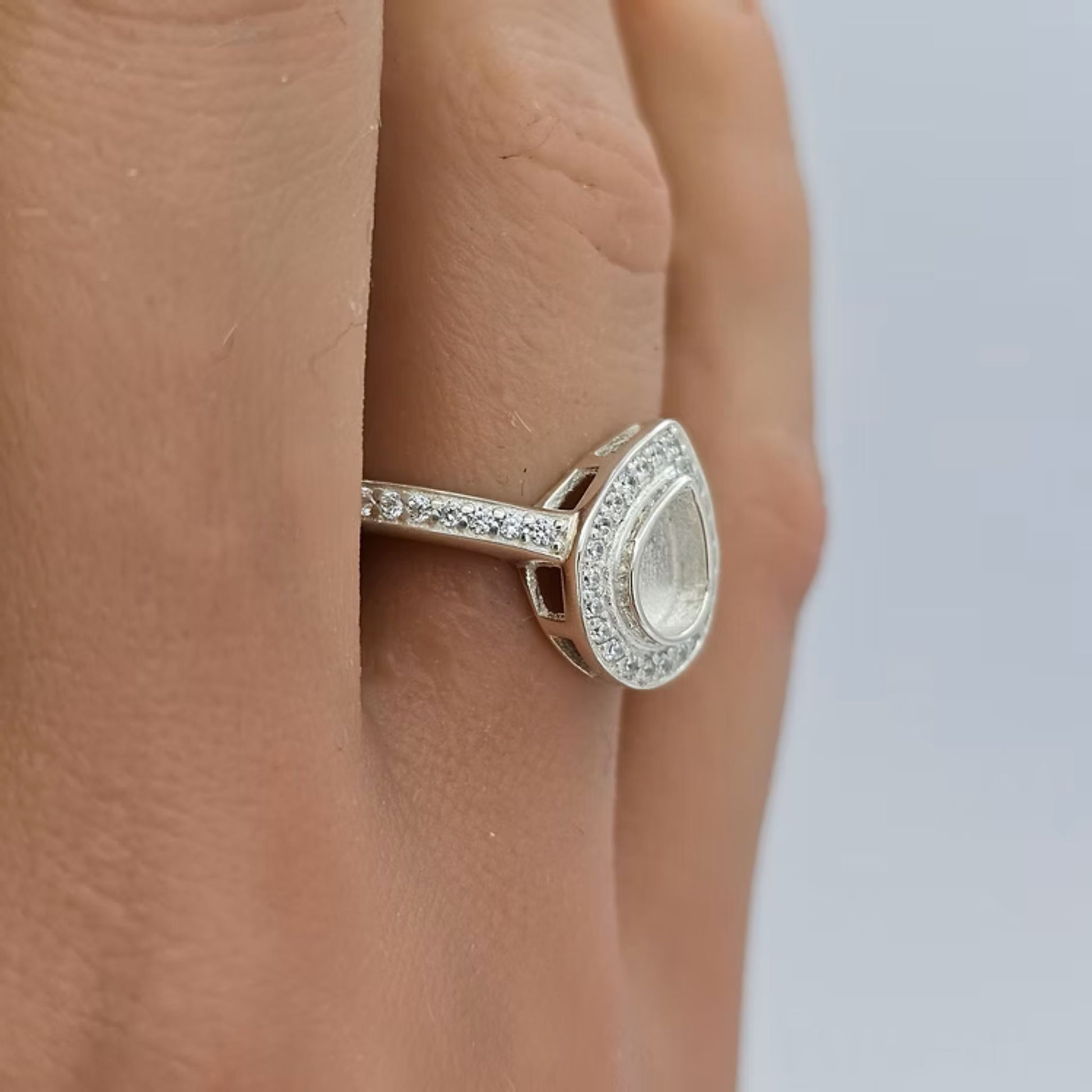 Eternal Light Ring — silver teardrop CZ ashes memorial ring, handcrafted in the UK