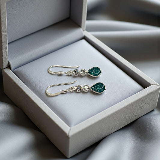 Silver teardrop ashes keepsake earrings, handcrafted in Lancashire, UK