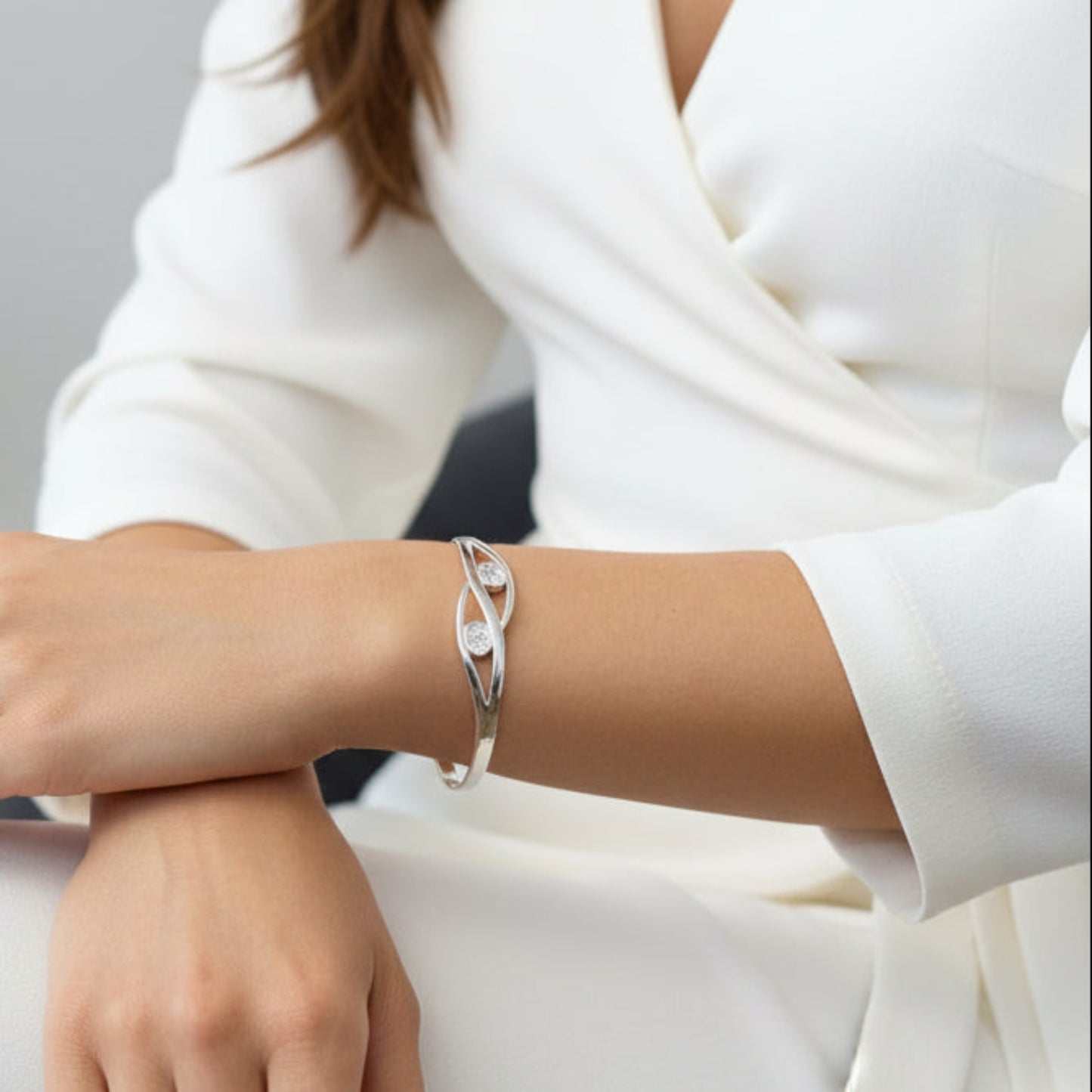 Thalia Bangle — silver ashes memorial bangle worn on wrist, handcrafted in Lancashire, UK