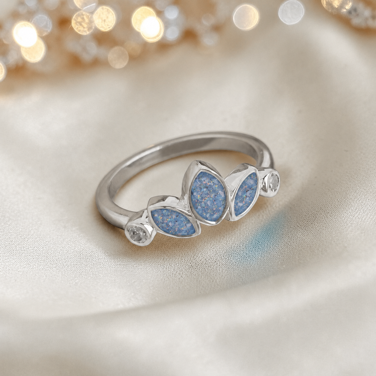 Keepsake memorial silver Thea ashes ring, in baby blue, handcrafted in Lancashire, UK