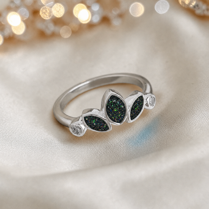 Keepsake memorial silver Thea ashes ring, in black flame, handcrafted in Lancashire, UK