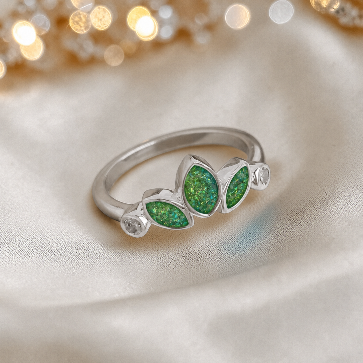 Keepsake memorial silver Thea ashes ring, in fruit green, handcrafted in Lancashire, UK