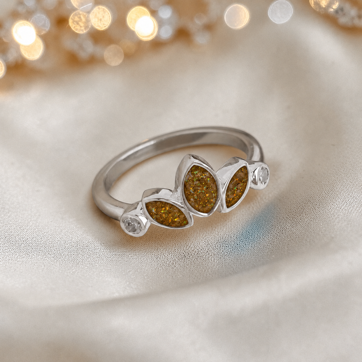 Keepsake memorial silver Thea ashes ring, in gold olive, handcrafted in Lancashire, UK