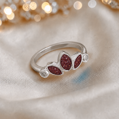 Keepsake memorial silver Thea ashes ring, in ruby red, handcrafted in Lancashire, UK