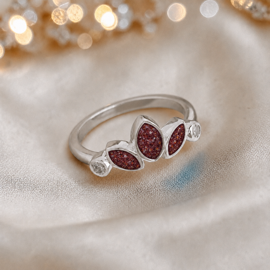 Keepsake memorial silver Thea ashes ring, in ruby red, handcrafted in Lancashire, UK