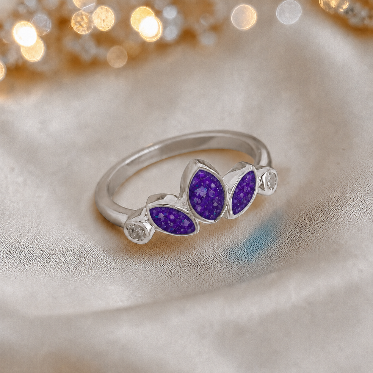 Keepsake memorial silver Thea ashes ring, in sleepy lavender, handcrafted in Lancashire, UK