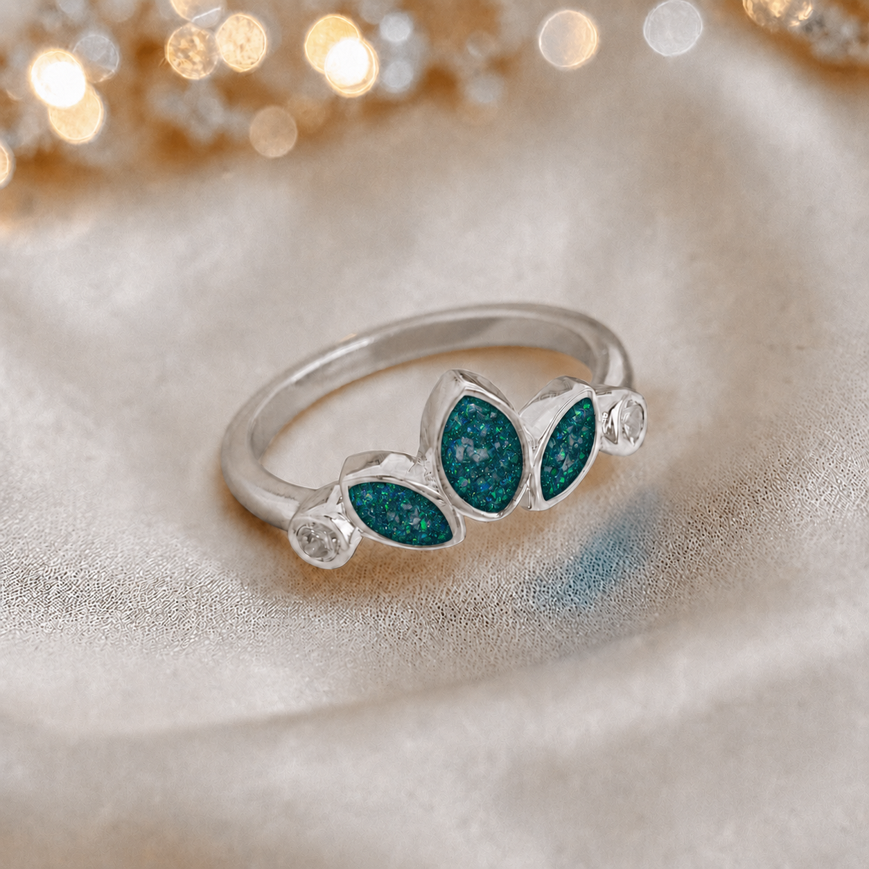 Keepsake memorial silver Thea ashes ring, in teal mist, handcrafted in Lancashire, UK