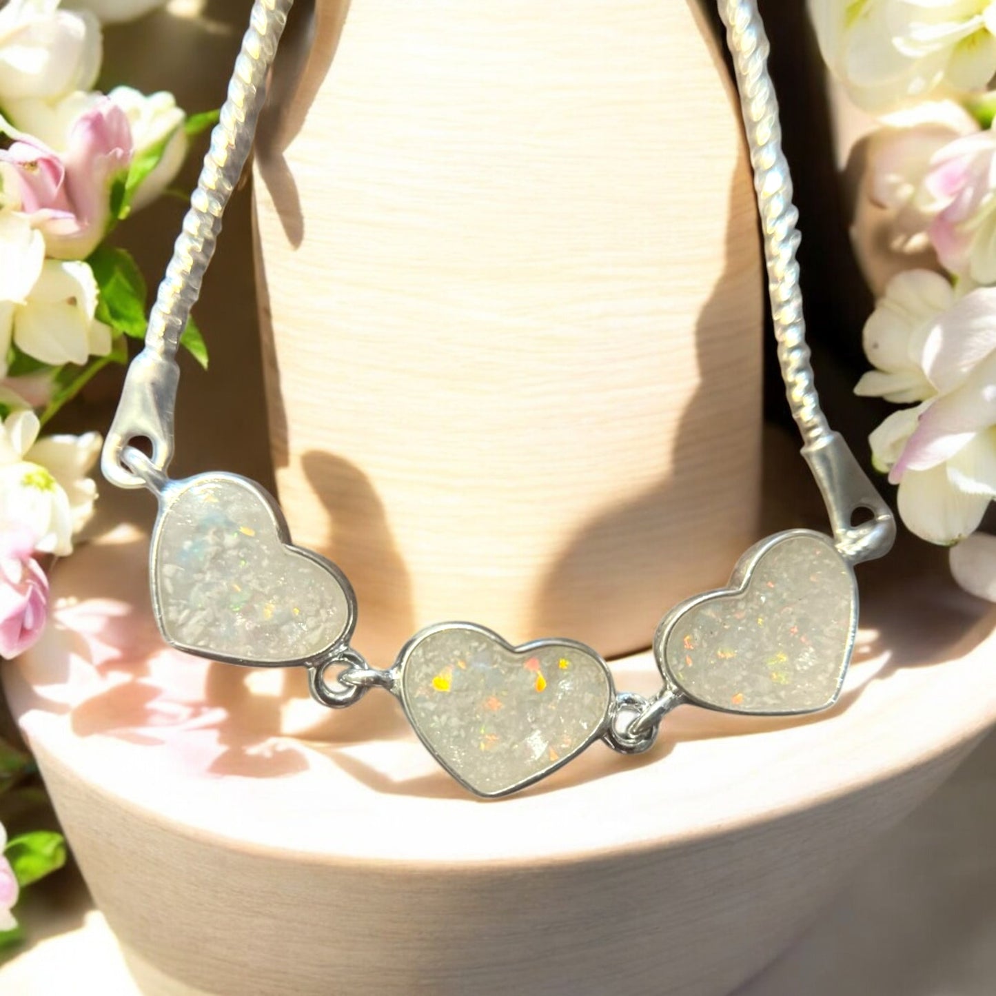 Solid 925 Silver Adjustable Three Stone Heart Bracelet