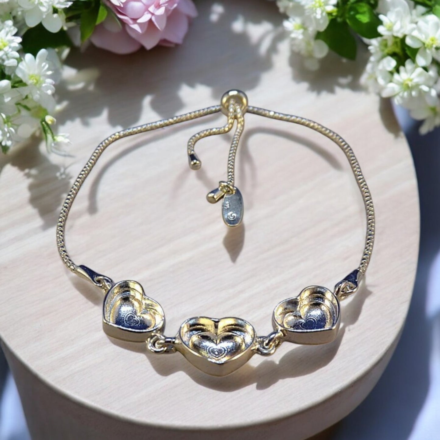 Solid 925 Silver Adjustable Three Stone Heart Bracelet