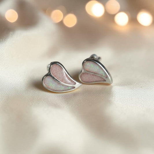 Sterling silver split heart memorial stud earrings with opal resin fill, handcrafted in Lancashire to hold ashes, hair, or breast milk.