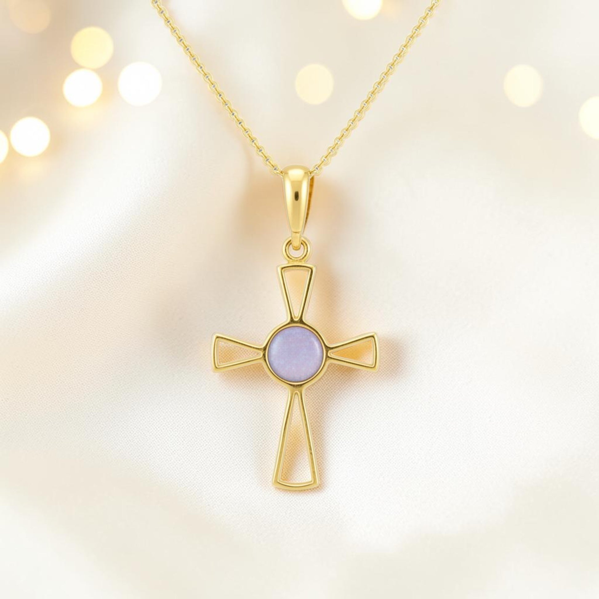 9ct Gold Open Cross with Wisteria opal, handcrafted in Lancashire, UK
