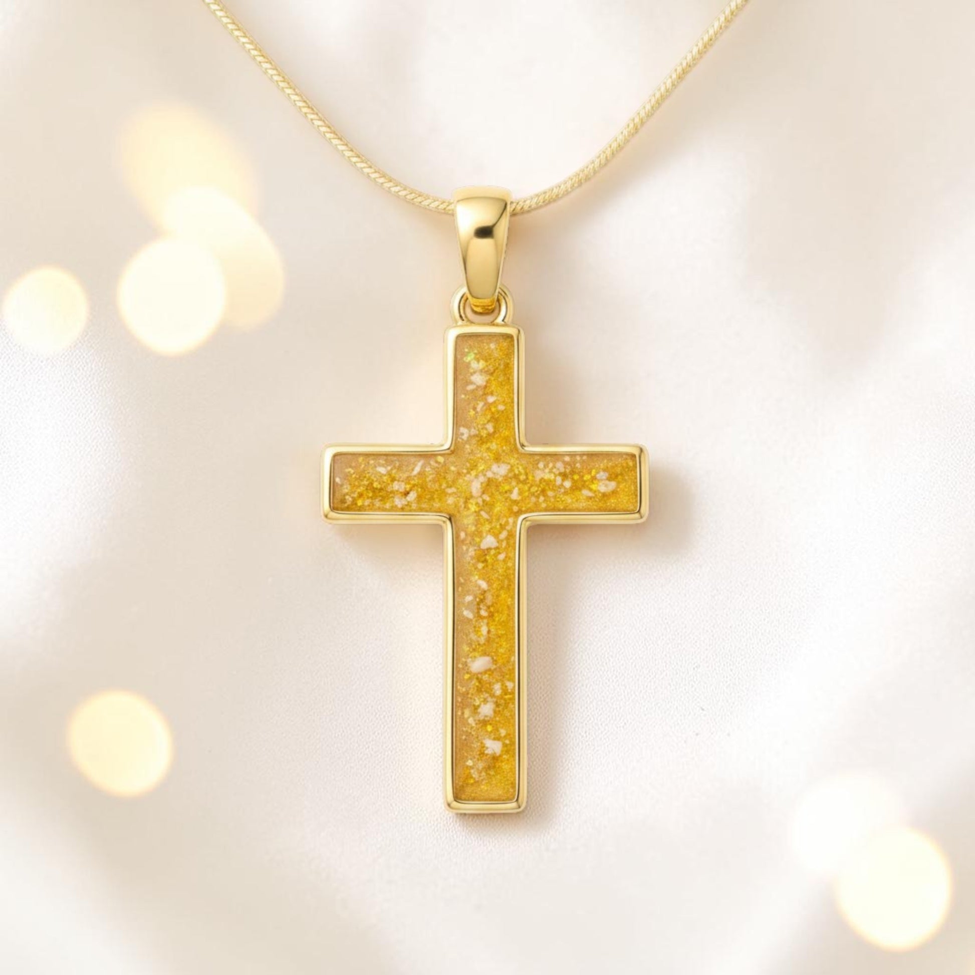 gold ashes memorial cross, handcrafted in Rossendale, Lancashire, UK