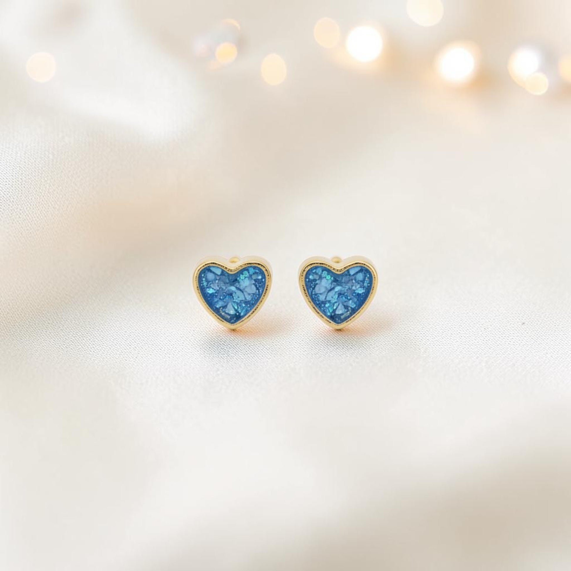 small 9ct gold heart stud ashes earrings, handcrafted in lancashire, uk