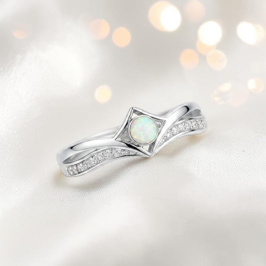 Inverted Wishbone Ring with white snow opal and ash flecks — sterling silver memorial ring, handcrafted in Lancashire, UK