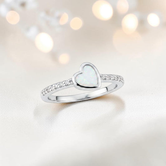 Dainty CZ Heart 925 Silver Ring with white snow opal — sterling silver memorial ring, handcrafted in Lancashire, UK