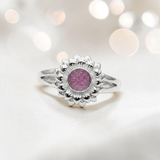 Flora Ring — silver sunflower ashes memorial ring, handcrafted in the UK