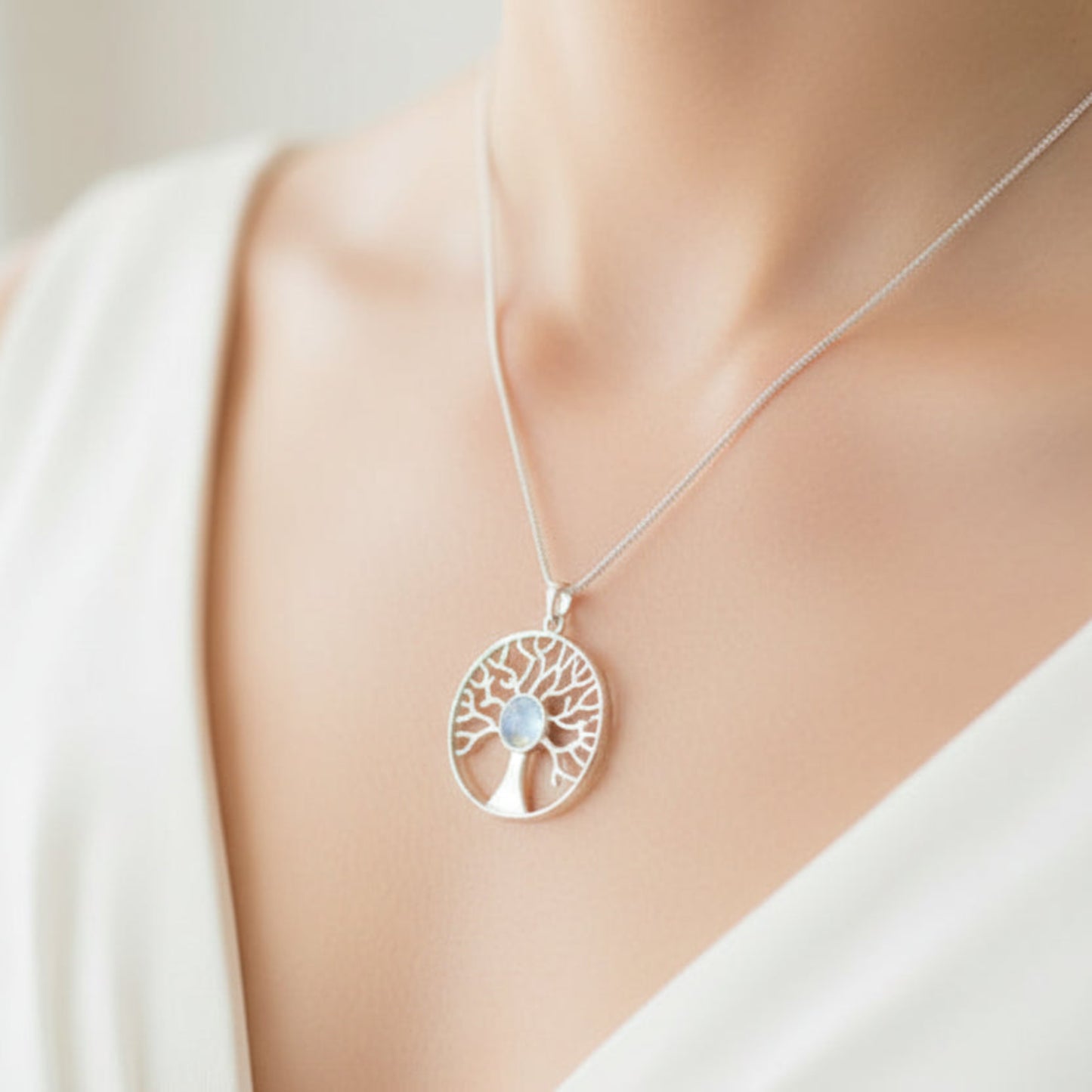silver tree of life memory pendant on model uk