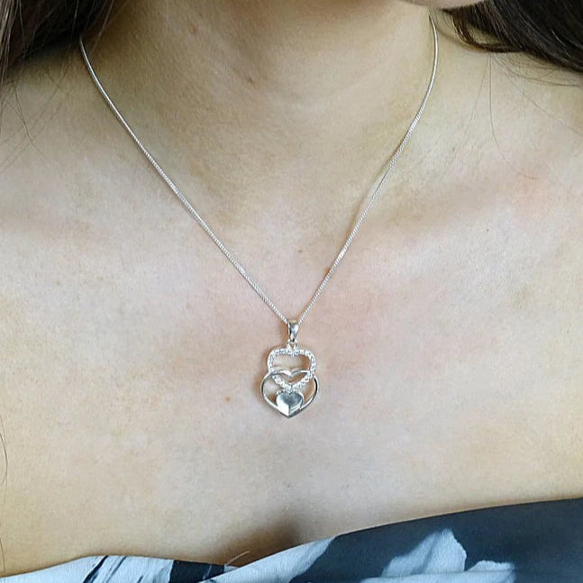 Pretty Solid Silver Triple Heart Pendant with CZ Heart