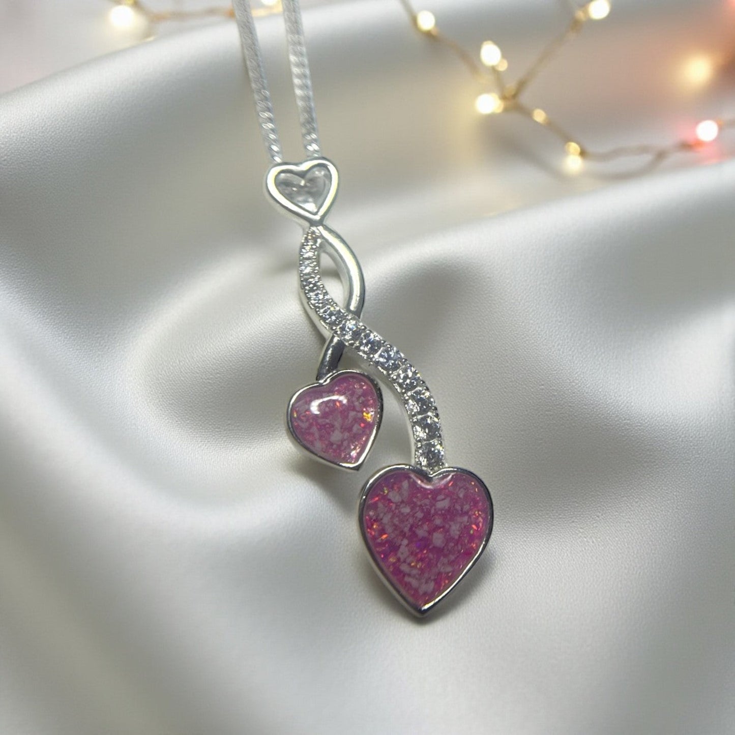 silver twin heart ashes memorial pendant, handcrafted in uk