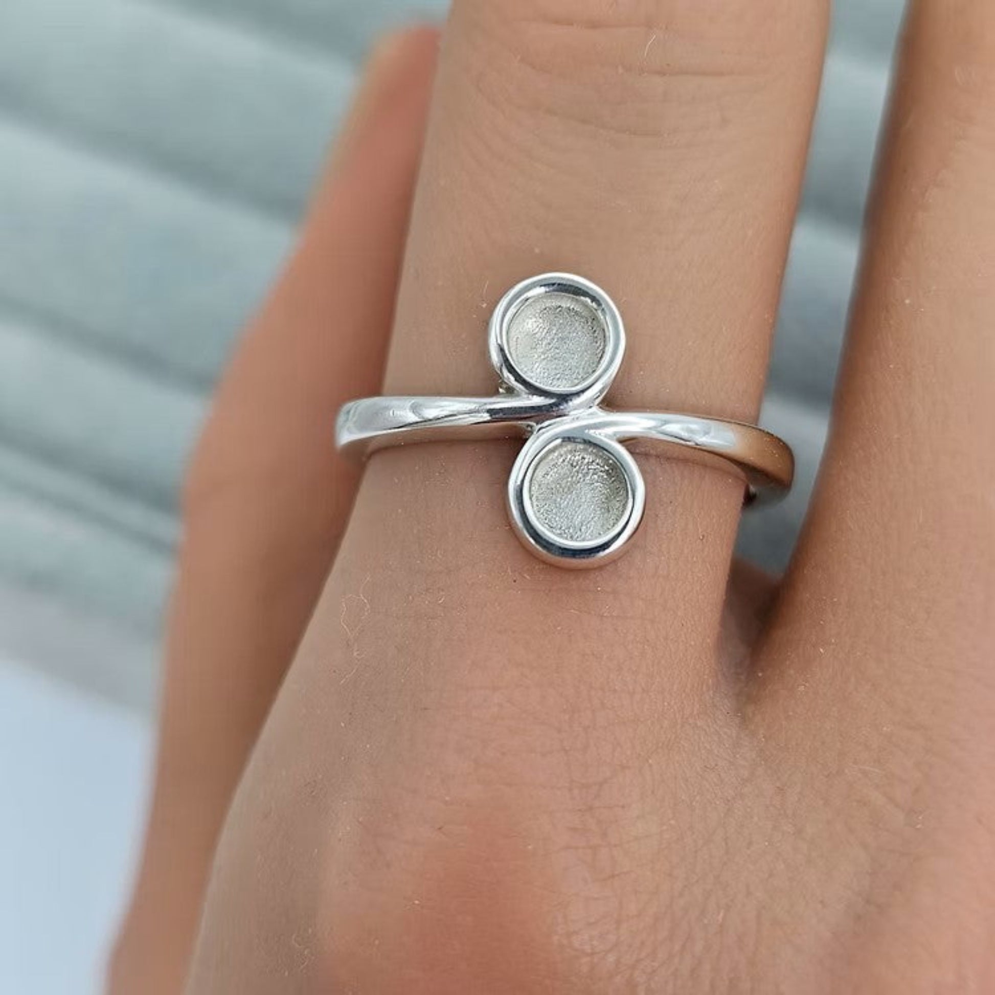 Selaphina Ring worn on hand — silver two stone ashes memorial ring, handcrafted in the UK
