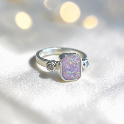 Keepsake Memorial Silver Anastasia Emerald Cut Ashes Ring in Unicorn Purple  — handcrafted in Lancashire, UK