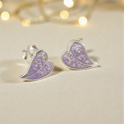 Two Hearts memorial stud earrings in Unicorn Purple opal — sterling silver, handcrafted in Lancashire, UK