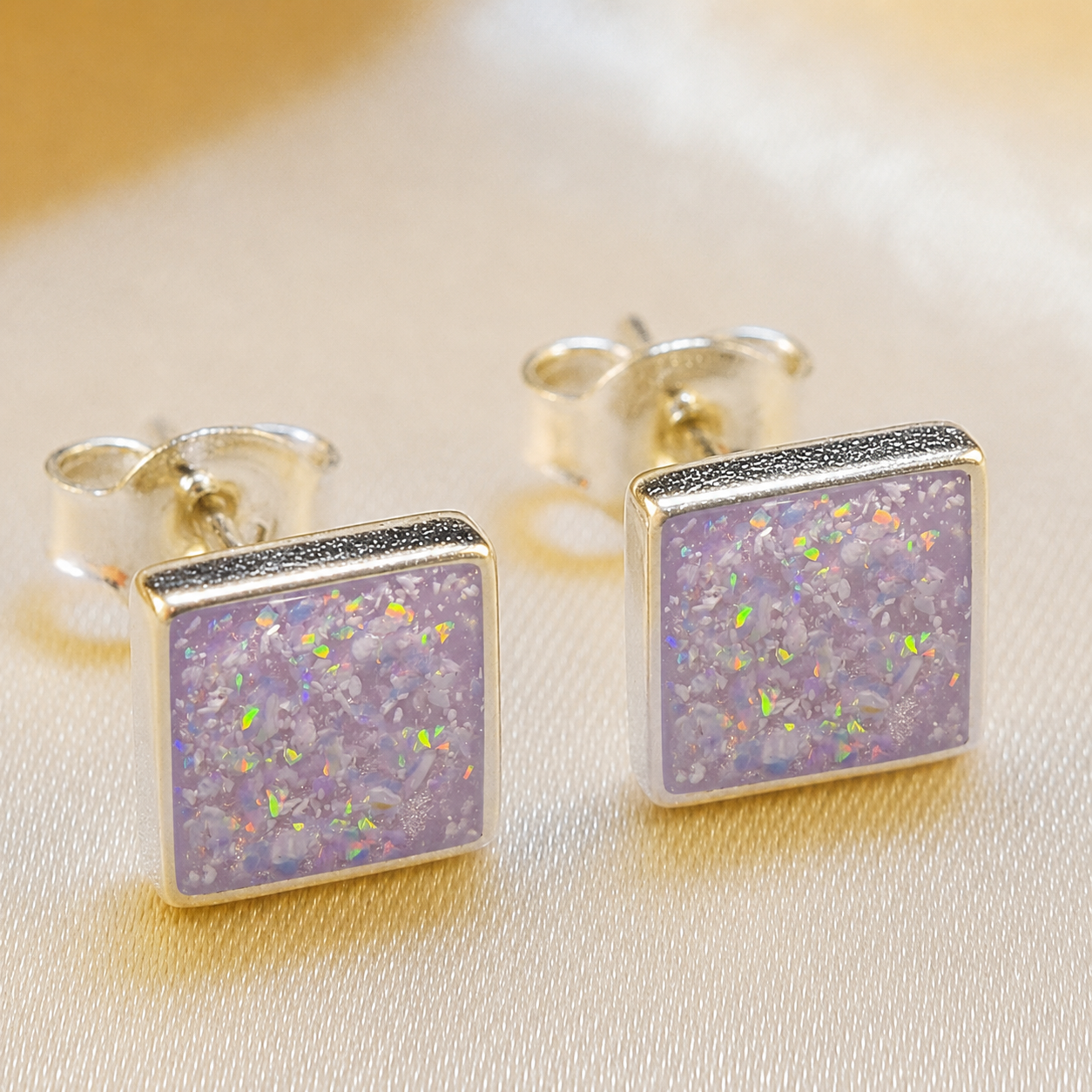 Keepsake Memorial Sterling Silver Square Stud Ashes Earrings Celeste Shine in Unicorn Purple - Handcrafted in the UK