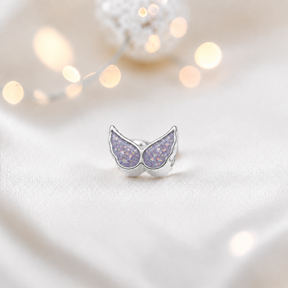 Unicorn purple sterling silver angel wing ashes memorial charm, handcrafted in Lancashire by keepsake memorial