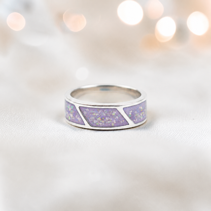 Unicorn purple Axis men's sterling silver three setting ring, handcrafted in Lancashire UK by Keepsake Memorial Jewellery