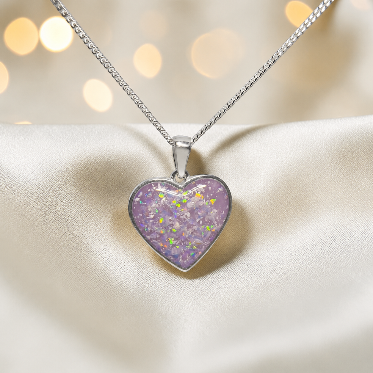 Silver Betel heart ashes memorial pendant in Unicorn Purple, handcrafted in Lancashire UK
