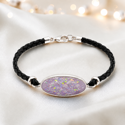 Unicorn purple Continuum men's sterling silver and leather memorial bracelet , handcrafted in Lancashire UK by Keepsake Memorial Jewellery