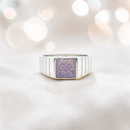 Unicorn purple  Echo men's sterling silver memorial signet ring, handcrafted in Lancashire UK by Keepsake Memorial Jewellery
