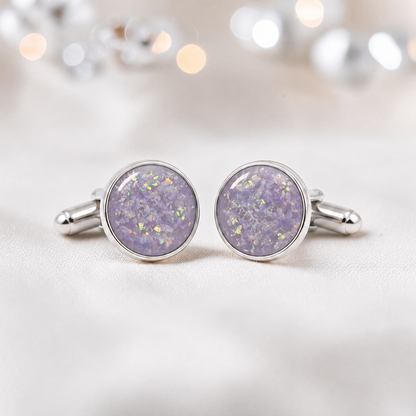 Unicorn purple silver Eterna memorial ashes cufflinks, handcrafted in Lancashire UK