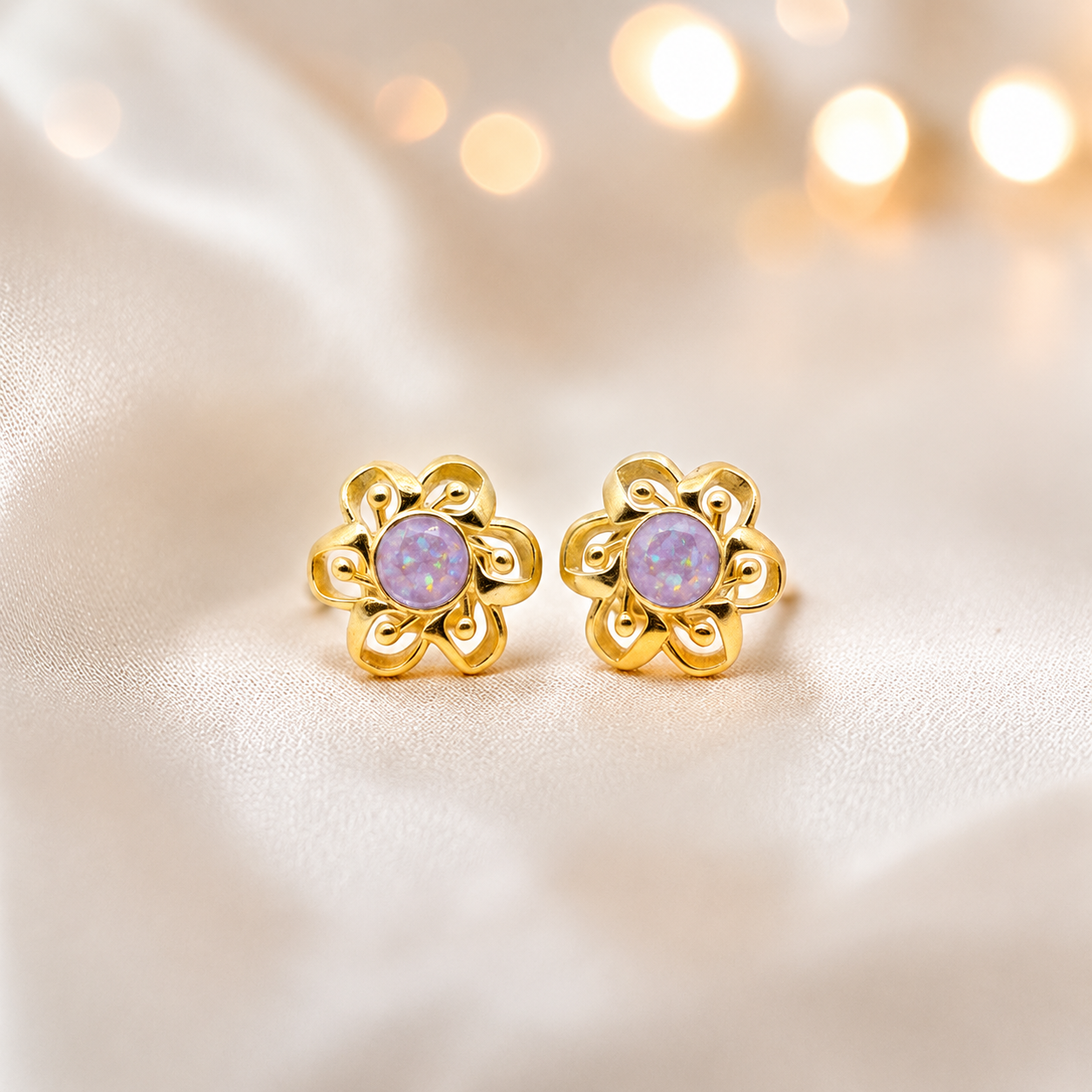 Unicorn Purple Freya 9ct gold flower earrings, handcrafted in Lancashire, UK – by Keepsake Memorial Jewellery