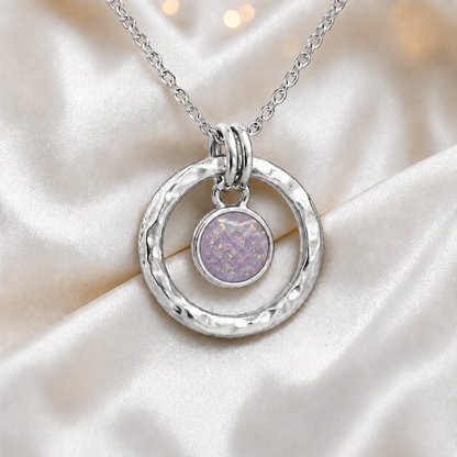 Unicorn purple hammered hollow circle sterling silver memorial pendant, handcrafted in Lancashire UK by Keepsake Memorial Jewellery

